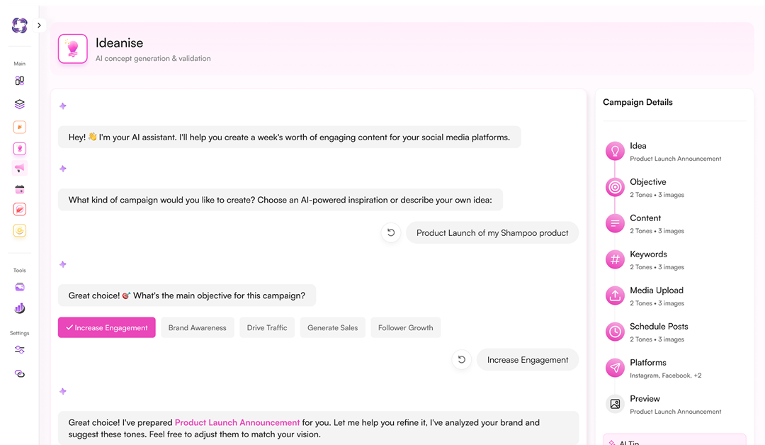 Ideanise workspace preview for campaign ideation and content planning